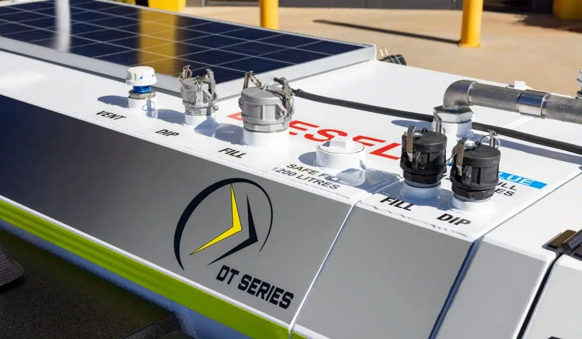 Close-up of a Durotank DT Series AdBlue and diesel trailer showing fill points, dip points, vent system and solar-powered monitoring equipment for safe fluid storage and management.