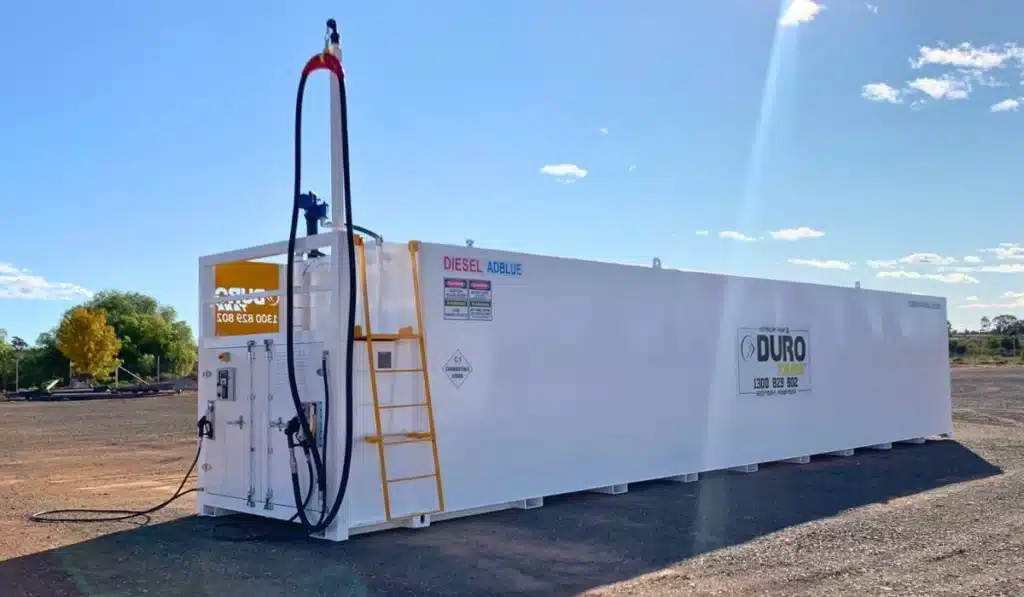 Large-capacity Durotank self bunded diesel and AdBlue storage tank installed on an industrial site, featuring integrated dispensing equipment, access ladder and secure fuel management system for bulk on-site fuel storage.