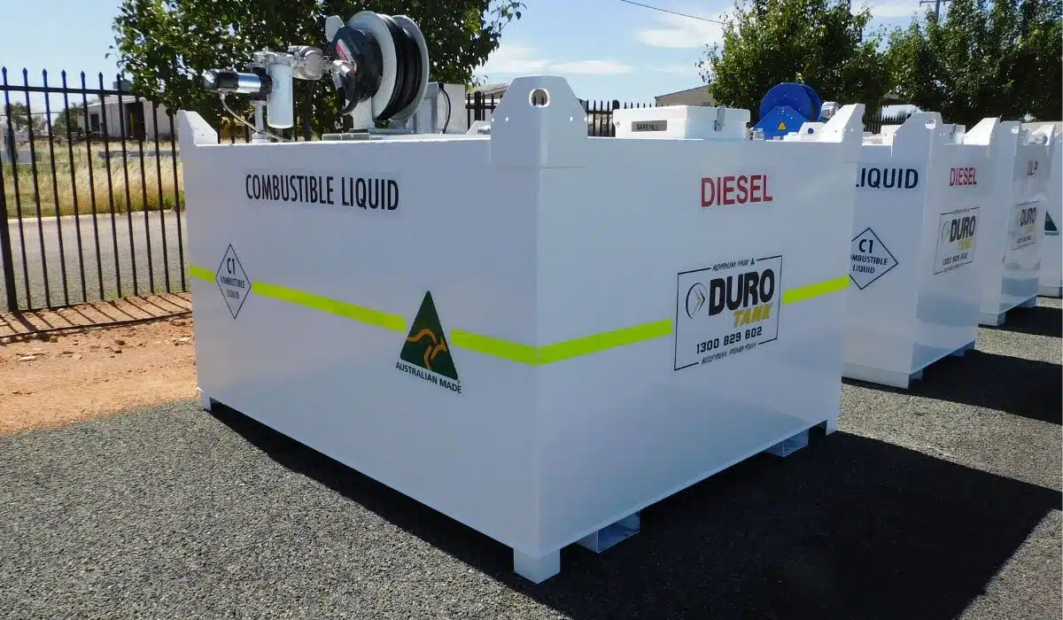 Durotank self-bunded diesel fuel storage tank with integrated hose reel, pump system and Australian Made certification, designed for compliant on-site fuel storage and dispensing.