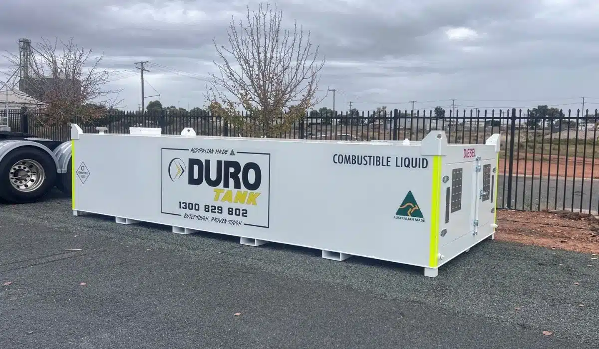 Large Durotank self-bunded diesel fuel storage tank with lockable equipment compartment, Australian Made certification and C1 combustible liquid signage, designed for secure on-site fuel management.