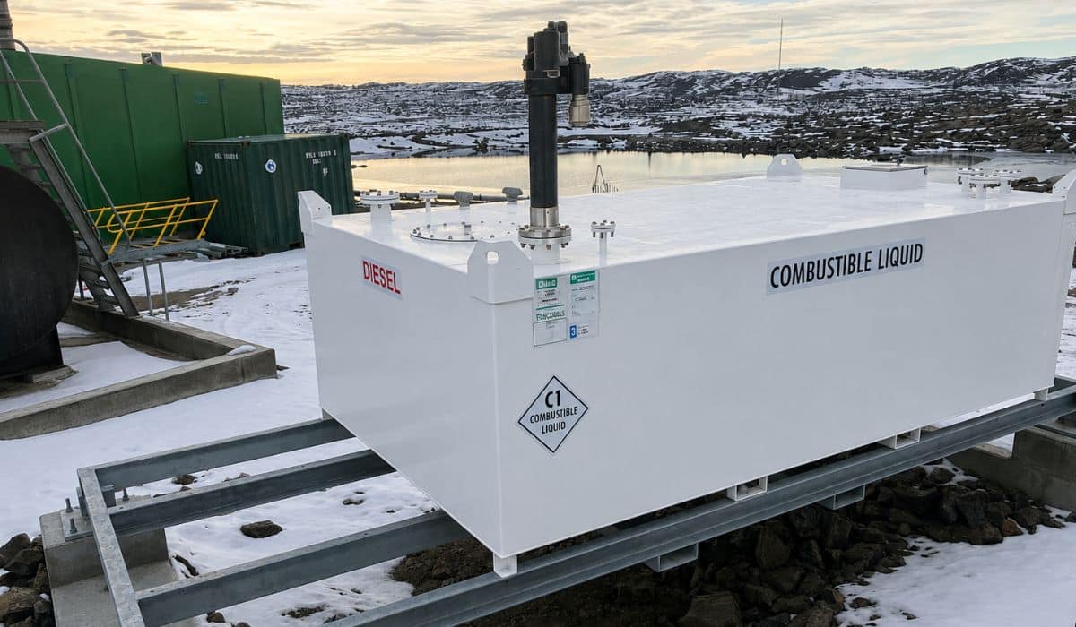 Durotank self-bunded diesel storage tank installed at an Antarctic research facility, engineered to provide safe and reliable bulk fuel storage in extreme environmental conditions.