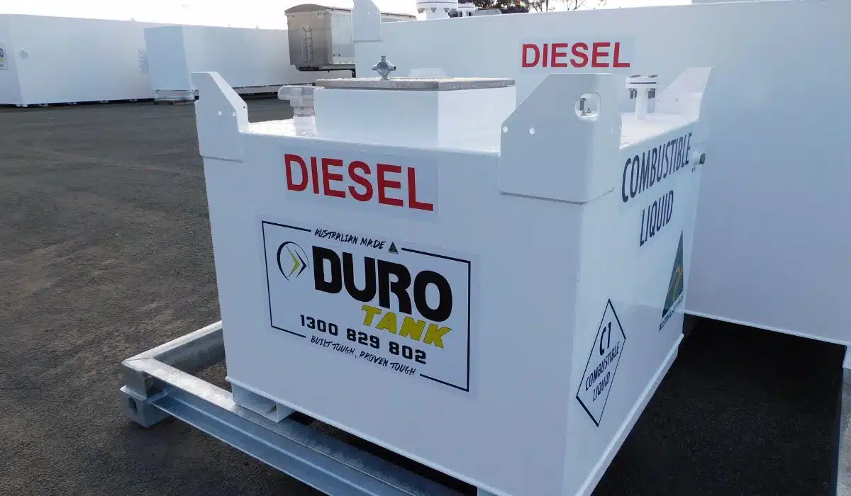 Australian-made Durotank portable diesel fuel cube mounted on a galvanised skid base, providing secure and compliant fuel storage for remote worksites.